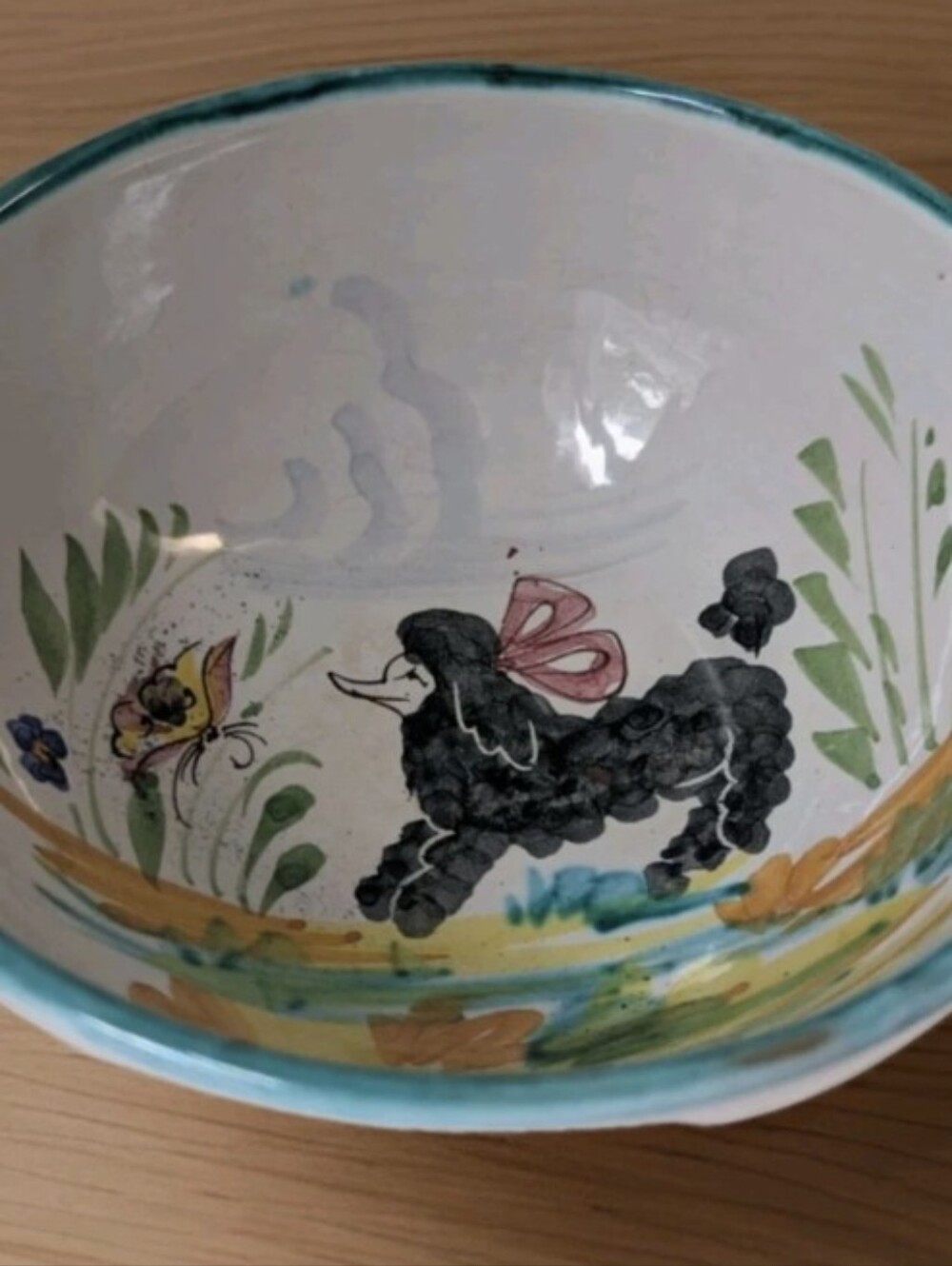 Hand-Painted Ceramic Bowl with Black Poodle Motif - Turquoise Rim